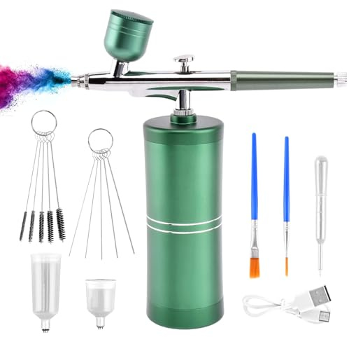 Airbrush Kit with Compressor, Rechargeable Cordless High-Pressure Handheld Air Brush Air Spray Paint Gun with 0.3mm Nozzle and Cleaning Brush for Nail Art, Makeup, Painting, Cake Decor(Green)