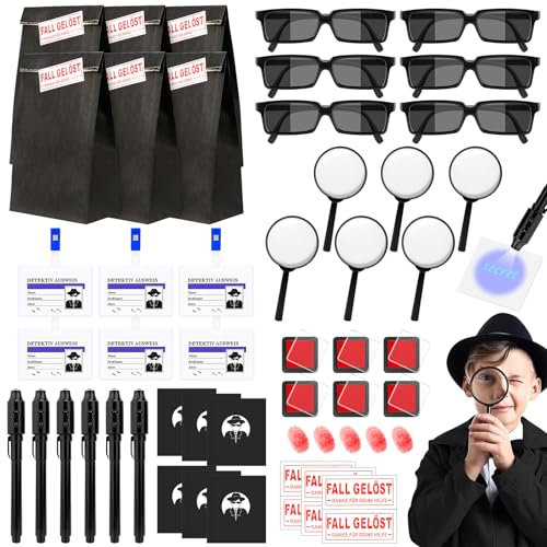 SelfTek Detektiv Set - 48 STK Agenten Kit mit Spionagebrille, Geheimstift, Notizbuch, Lupe, Ermittlerausweis, Fingerabdruck Set