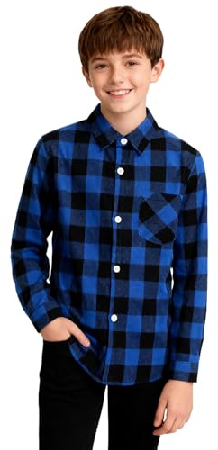 Mintgreen - Camicia in cotone per ragazzi, a quadri, a maniche lunghe, 6-12 anni, Blu e nero, 9-10 Anni