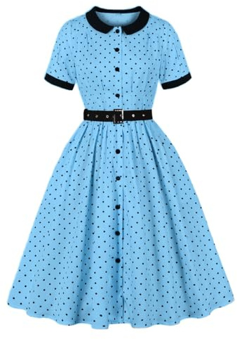Wellwits Women's Pleated Detail Button Down Polka Dots Vintage Tea Dress Blue 2XL
