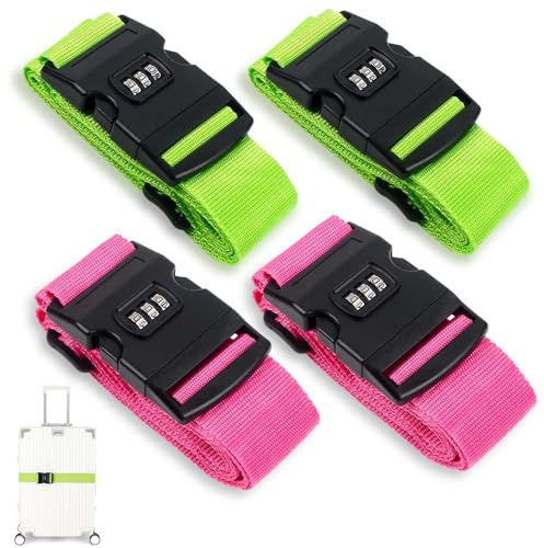 Lot de 4 sangles de valise avec serrure à combinaison, sangle réglable et sécurisée, personnalisée, pour les voyages et les voyages en avion (vert et rouge rose)