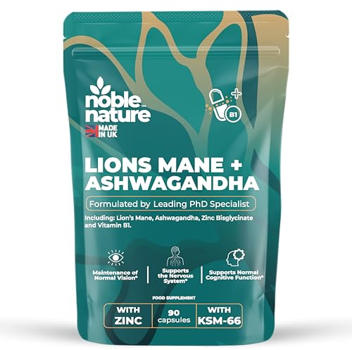 Ashwagandha KSM-66 & Lion’s Mane 7000mg – High Strength 4-in-1 with Zinc & Vitamin B1 – 3000mg Ashwagandha + 4000mg Lion’s Mane – 90 Capsules – UK Made by Noble Nature PhD Formulated
