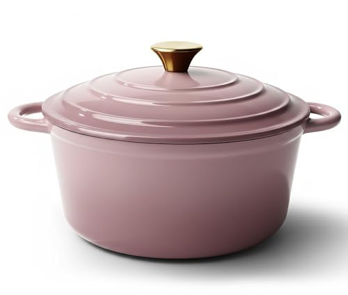 Vintage Style 6 Quart Dutch Oven Pot with Lid, Non Stick Enameled Cast Iron Dutch Oven for Bread Baking, Heavy-Duty, Oven Safe Ceramic Cookware Up to 500°F for Baking, Braising, Stews, Roasting, Pink