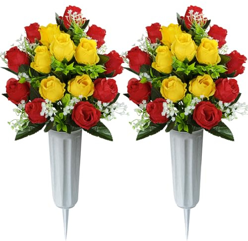 SIFOEL 2 flores artificiales para cementerios, ramos de flores artificiales con jarrón para decoración de lápidas al aire libre (rojo y amarillo)