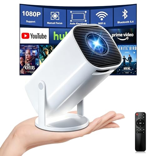 Miniprojektor 4K Full HD 1080P, bärbar projektor med WiFi 6 och Bluetooth 5.4, billangentsten och manuell fokusering, 180° vridning, kompatibel med iOS/Android/HDMI/TV-stick/laptop/PC