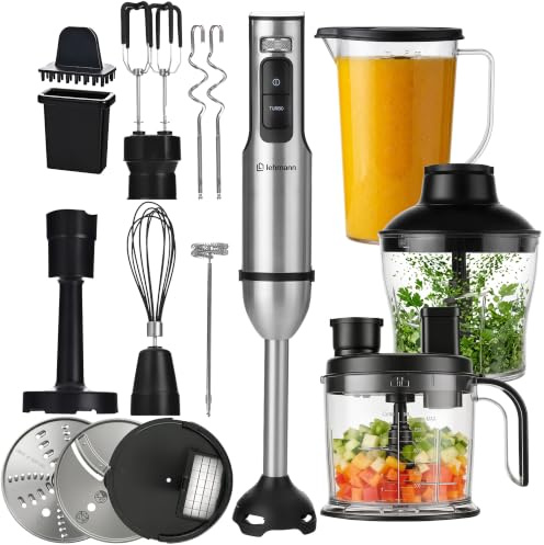 LEHMANN Set Frullatore a Immersione Multifunzione 10 in 1, 2000 W, 12 Velocità e Turbo, 12 Accessori, Bicchiere 800 ml, Tritatutto 600 ml & 1500 ml senza BPA, Sistema Antispruzzo e Antigraffio