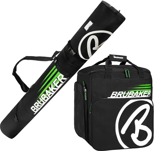 BRUBAKER HENRY Champion Combo Ski Boot Bag and Ski Bag for 1 Pair of Ski up to 190 cm, Poles, Boots and Helmet - Black Green