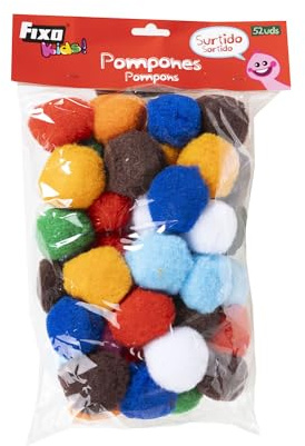 Fixo Kids Set de 52 Pompones Manualidades Grandes | 5 cm Diámetro | Colores Surtidos | Material de Manualidades Perfecto para Actividades Escolares con Niños