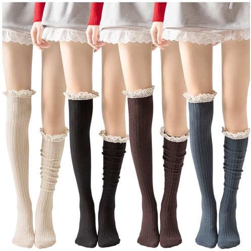 4 Pack Women Cotton Knit Boot Socks Knee High Socks Stockings with Lace Trim, Free size, Beige Black Coffee Green