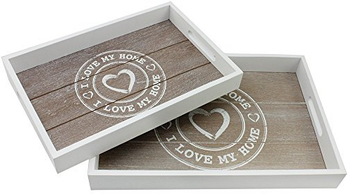 com-four® 2-teiliges Tablett-Set aus Holz - Vintage Dekobretter in 2 Größen - weiße, Bedruckte Serviertabletts - Shabby Chic Dekoschalen mit Tragegriffen (02 Stück - I Love My Home)