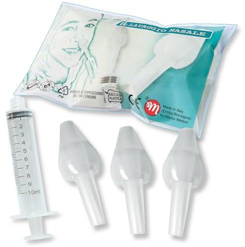 Set irrigatore nasale per LAVAGGIO NASALE, IGIENIZZABILE BY MARCO MALTONI, MADE IN EMILIA-ROMAGNA, 3 OLIVE NASALI SMALL e 1 SIRINGA da10 ml