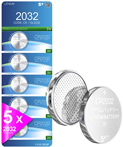 5Plus Group 5 Pcs 2032 CR2032 DL2032 ECR2032 3V Lithium Coin Cell Batteries – Ideal for Keyfobs, Scales, AirTags, Wearables, and Other Devices – Great for Home, Professional, and Commercial Use