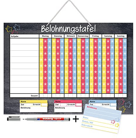 Belohnungstafel zum Aufhängen mit Aufgaben-Liste für 3 Kinder inkl. Belohnungskarten I DIN A3 I mit Aufhängung, Stifthalter und Stift I Haushaltsplaner I für Kleinkinder und Jugendliche I dv999