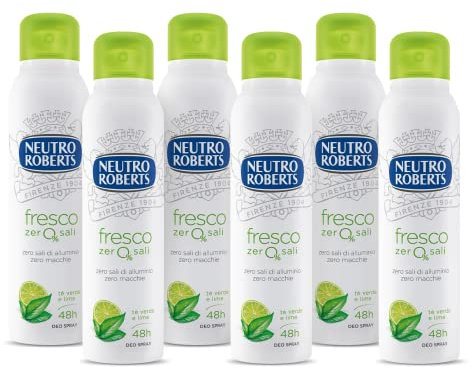 Neutro Roberts, Lufterfrischer-Spray, grün, mit grünem Tee und Limette, ohne Aluminiumsalze, keine Flecken, Deodorant für Damen und Herren – 6 Flaschen à 150 ml – Exklusiv von Amazon