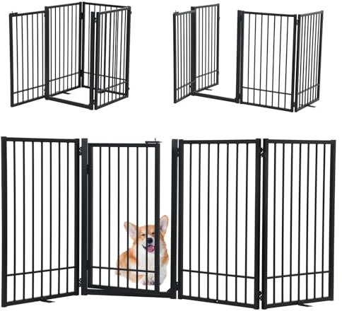 SMONTER Free Standing Dog Gate with Door Walk Through, 80.5'' Extra Wide Indoor Dog Fence, 31.5'' Height 4 Panels Foldable Metal Pet Puppy Gate for Stairs, Hallways, Doorway