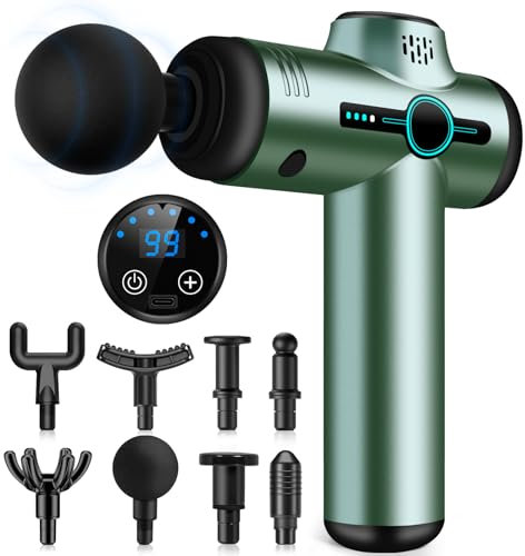 AQXONG Mini Muskelmassagepistole, Tragbares Elektrisches Massagegerät mit LCD Display, 99 Geschwindigkeiten, 8 Massageköpfe, Ultraleise Massagepistole 35DB, Wiederaufladbare Massagepistole