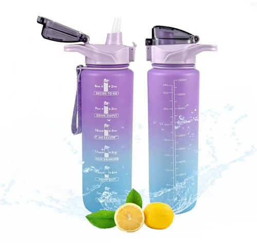 1L Botella Agua Gimnasio con Pajita, Antiderrame Botella de Agua Deportiva, Cantimplora sin BPA con Marcador de Tiempo, Botella Agua Niños, Water Bottle para Oficina, Escuela,Gimnasio, Bicicleta