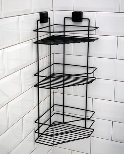 TheOwnas 3-Tier Shower Corner Caddy Stand | Wall-Mounted Bathroom Shelf with Strong Adhesive | No-Drill, Rustproof Black Metal Bahtroom Organiser | Space-Saving Storage for Shower & Bathroom