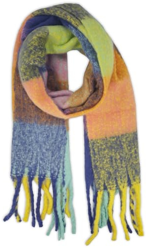 styleBREAKER Damen Webschal mit Karo Muster | Langer Schal mit dicken, langen Fransen | weicher Winter Strickschal warmes Material Stola, Farbe:Mint-Violett-Gelb