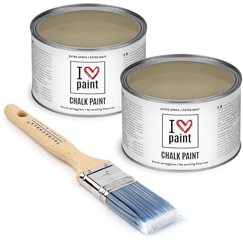 I Love Chalk Paint Argilla – Set Risparmio 2 Barattoli + Pennello – 750 ml totali – Vernice Effetto Gesso per Mobili – Chalk Paint Pittura Tutto Senza Carteggiare