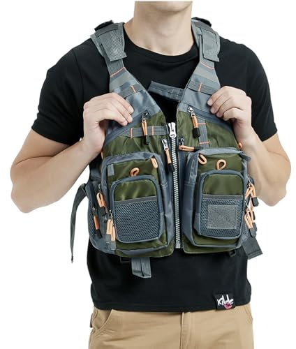 Obcursco Fly Fishing Vest Pack Adjustable for Men and Women with Breathable Mesh, Trout Fishing Gear, for Outdoors Stream Fishing (Army Green)