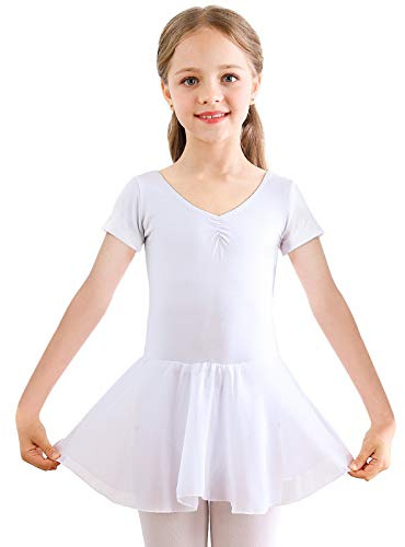 Bezioner Kinder Ballettkleidung Mädchen Ballettkleid Kurzarm Langarm Balletttrikot Ballettanzug Tanzkleid Tanzbody aus Baumwolle mit Chiffon Rock Tütü (140, Weiß Kurzarm)