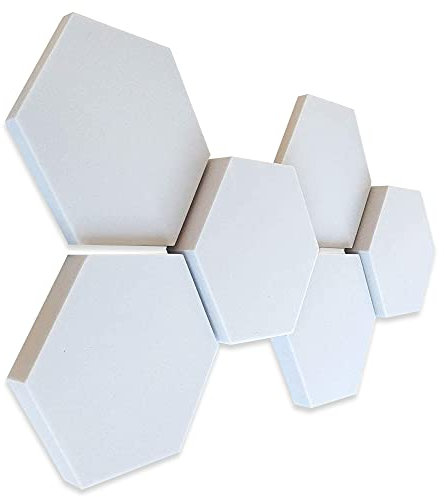platino24 3D-Set Schallabsorber Hexagon aus Basotect G+, 6 Elemente 2x je Ø 300x30mm + 2x je Ø 300x50mm + 2x je Ø 300x70mm, Verbesserung der Raumakustik