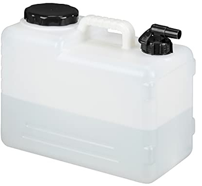 Relaxdays Wasserkanister mit Hahn, 15 Liter, Kunststoff bpa-frei, Weithals Deckel, Griff, Camping Kanister, weiß/schwarz