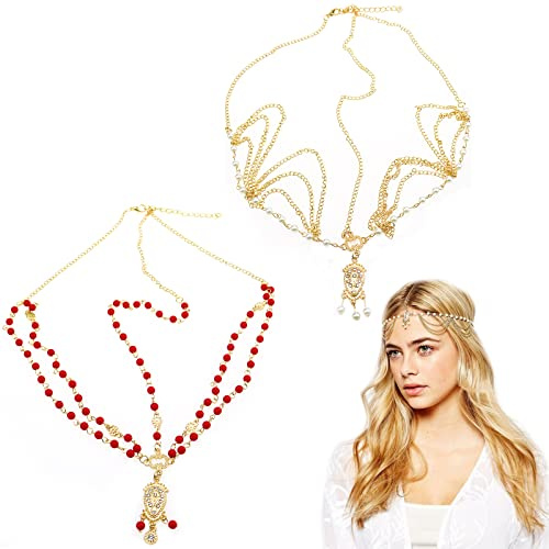 DonLeeving 2 Pcs Bridal Head Chain Vintage Layered Head Chain Bead Pendant Headpieces Forehead Band Hair Accessories for Women and Girls (Gold & Red)