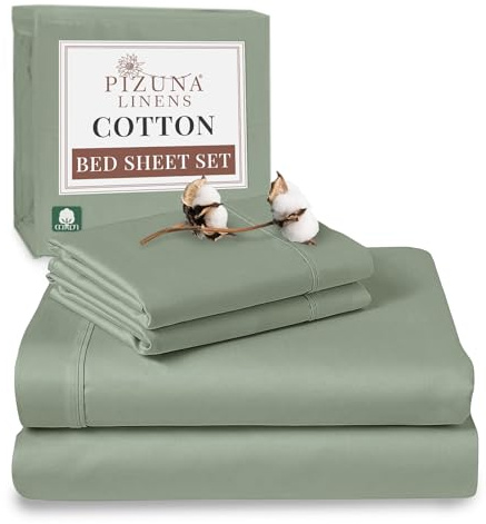 Pizuna 100% Cotton Double Bed Sheet Set Sea Foam 400 Thread Count | 400 Thead Count Long Staple Cotton Bedding, 230x280 cm, Soft Sateen 4 Pc - Fitted Sheet & 2 Pillowcases