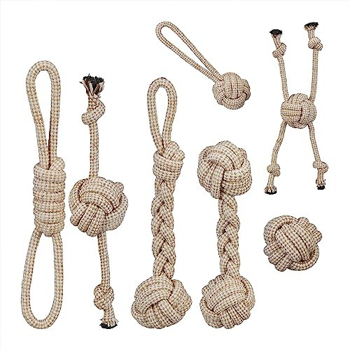 Relaxdays Hundespielzeug Set 7-teilig, Knoten & Kordel, Hundebeschäftigung, kleine & mittlere Hunde, Kauspielzeug, Natur