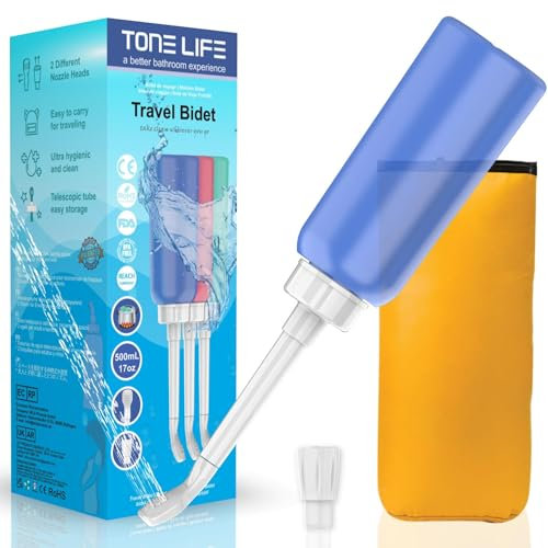 TONELIFE Bidet portable, bidet de voyage de 500 ml avec 2 buses, flacon de lavage périnéal pour soins post-partum, bidet personnel portable – Bleu + rose