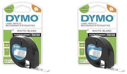 DYMO Original LetraTag Etikettenband| schwarz auf weiß | 12 mm x 4 m | selbstklebendes Kunststoff Schriftband | für LetraTag-Beschriftungsgerät (Packung mit 2)