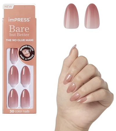 KISS imPRESS Bare But Better Press On Nails “Sérénité” – Faux ongles autocollants effet gel naturel, press on nails sans colle, manucure instantanée, faux ongles réutilisables