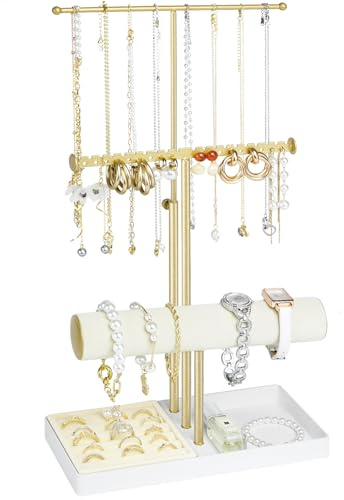 Jenseits 3-Tier Jewelry Holder Organizer:17.1 Adjustable Hanger, Velvet Ring Tray, Metal Aesthetic Display Stand for Necklaces, Earrings, Bracelets, Watches, Gold Jewelry Storage Tower Tree for Women
