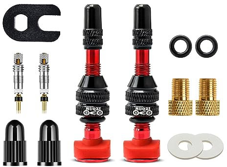 Tubeless Presta Valve Stem Kit, Bicycle Tubeless Valve Stem with Bicycle Valve Adapter with Valve Core Remover Tool and Valve Stem Caps, Red(40mm)