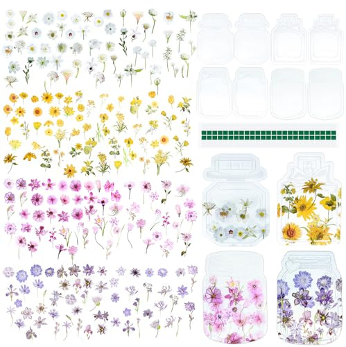 VINEST Pack of 298 Flower Stickers, Transparent Scrapbook Stickers, PET Waterproof Stickers, Flowers, DIY Self-Adhesive Stickers, Photo Album, for Journaling Laptops, Cups, Mobile Phone Cases