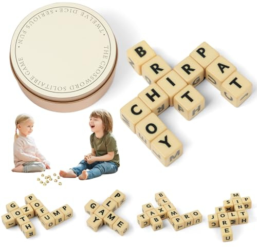 Vicloon Das Kreuzworträtsel-Solitär-Spiel, Kreuzworträtsel-Solitär-Würfelspiel mit 12 Würfelbuchstaben, Wortspiele, Multifunktionales Scrabble-Buchstaben-Spiel, Reise-Scrabble mit Eisenkasten