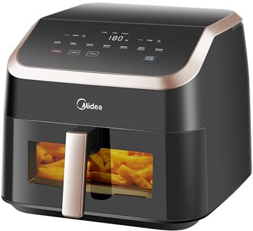 Midea Heißluftfritteuse XXL AirFryer 8.5L, 8-in-1 Heissluftfritteuse mit Sichtfenster, Extra breite Kammern, max 200°C, Fritteuse ohne Öl, Spülmaschinenfeste, Schwarz/Roségold
