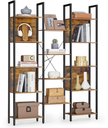 VASAGLE Bookcase, Bookshelf with 14 Shelves, Metal Frame, Shelf Unit for Living Room, Home Office, Industrial Style, 24 x 128 x 166 cm, Rustic Brown and Ink Black LLS157K01