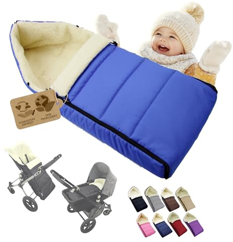 Fotsäck [vinteråkpåse för barnvagn] buggy babystol eller släde, babyåkpåse med lammull, gosig, varm, tvättbar, 108 cm (blå)