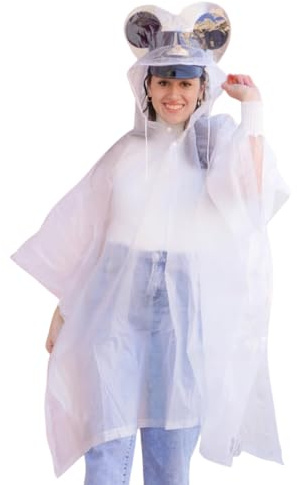 PonchEar Adult Rain Poncho, Clear Waterproof Protective Cover with Mouse Ear Hood, One Size Fits Most, Side Snaps, Drawstring Closure, Theme Park Ready