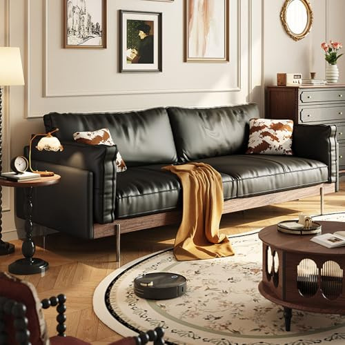 Medeltida retro modern minimalistisk svart lädersoffa, massiv träram, rymlig och mjuk soffa, modern stor storlek, lämplig för vardagsrum/kontor/lägenhet/hotell.