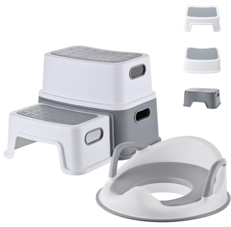 Relaxdays siège WC enfant, réducteur avec marchepied, gris-blanc | poignées et dossier, 2 en 1, antidérapant, PP