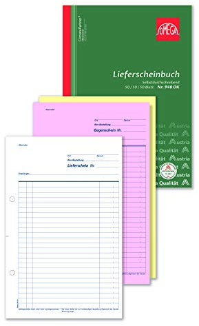 Omega Lieferscheinbuch 948 OK I Selbstdurchschreibendes DIN A4-Formularbuch im Hochformat mit 3 x 50 perforierten Blättern in weiß/rosa/gelb I CO2-neutral produziert I Übersichtliche Erfassung