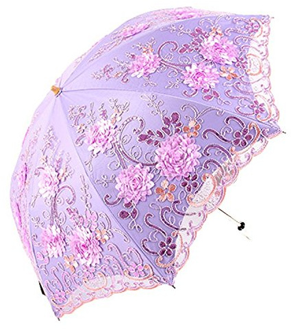 Honeystore Vintage Lace UV Sun Parasol Folding 3D Flower Embroidery Umbrella BM1618 Purple