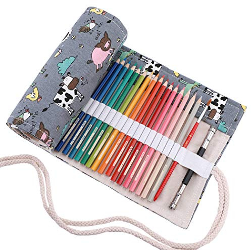 Amoyie Colouring Pencil Case 72 Slots, Roll Up Pen Holder, Pencil Wrap | Canvas Organiser Bag for Coloured Pen, Foldable Carrier for School, Outdoor Sketch, Artist Storage Bags, Cute Animal