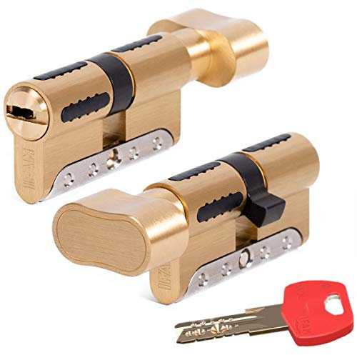 IFAM WX1000 Bombin de Seguridad 30x30 Color Laton CON POMO Cilindro Bombillo Reforzado DOBLE EMBRAGUE Antirotura Antibumping Antitaladro Leva Antiextracción Cerradura para Puerta 5 Llaves y Tarjeta