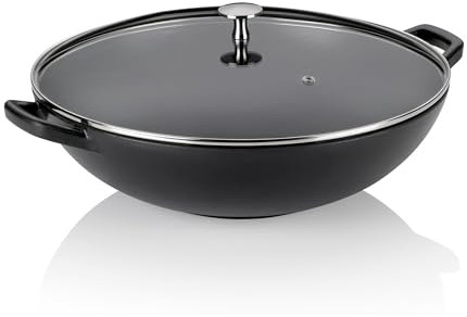 kela Wok en fonte avec couvercle en verre 36 cm CALIDO, Poêle à wok à induction, Poêle à wok avec couvercle, émaillée, noire