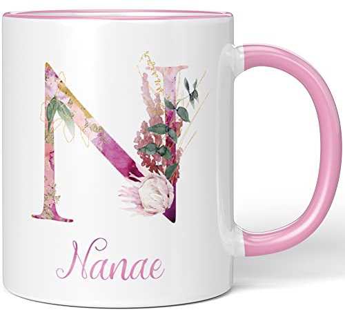JUNIWORDS Tasse, Nanae, Name Anfangsbuchstabe Initial Alphabet Floral Buchstabe N Monogramm Motiv, Rosa (5530482)